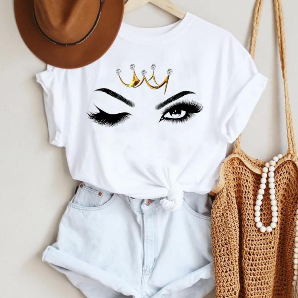 Make Up Letter Funny New Eye Eyelash Fashion Cartoon Summer Lady Print Tee Stylish T Top  Tshirts  Women Clothes