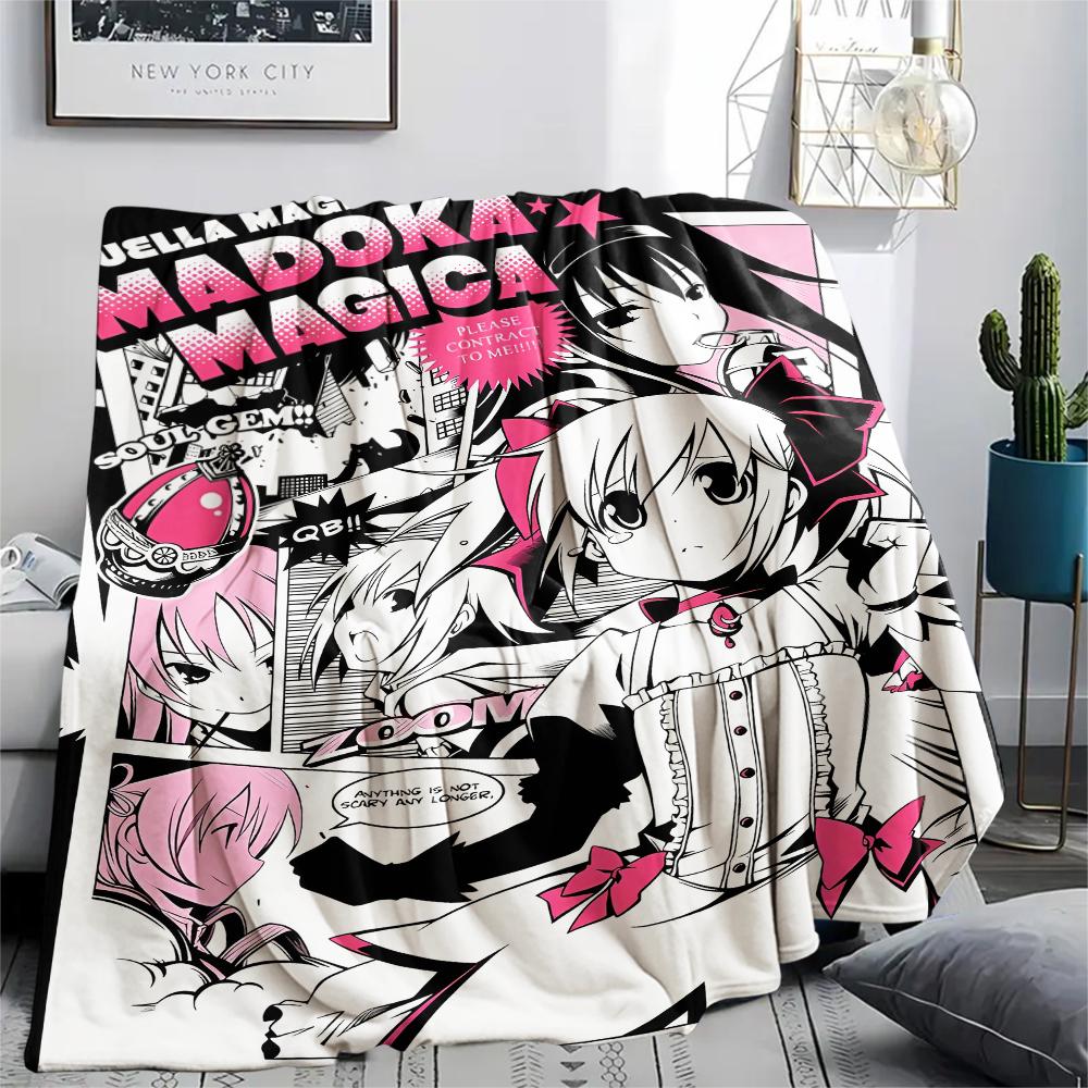 1PC Puella Magi Madoka Magica Print Flannel Blanket, High Quality All Seasons, Home Decor, Warmth and Comfort, Perfect for Christmas Gifts