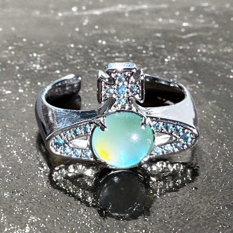 Niche Design Exquisite Imitation Chalcedony Moonstone Series Ring High-End Light Luxury Full Of Diamonds Zircon Accessories