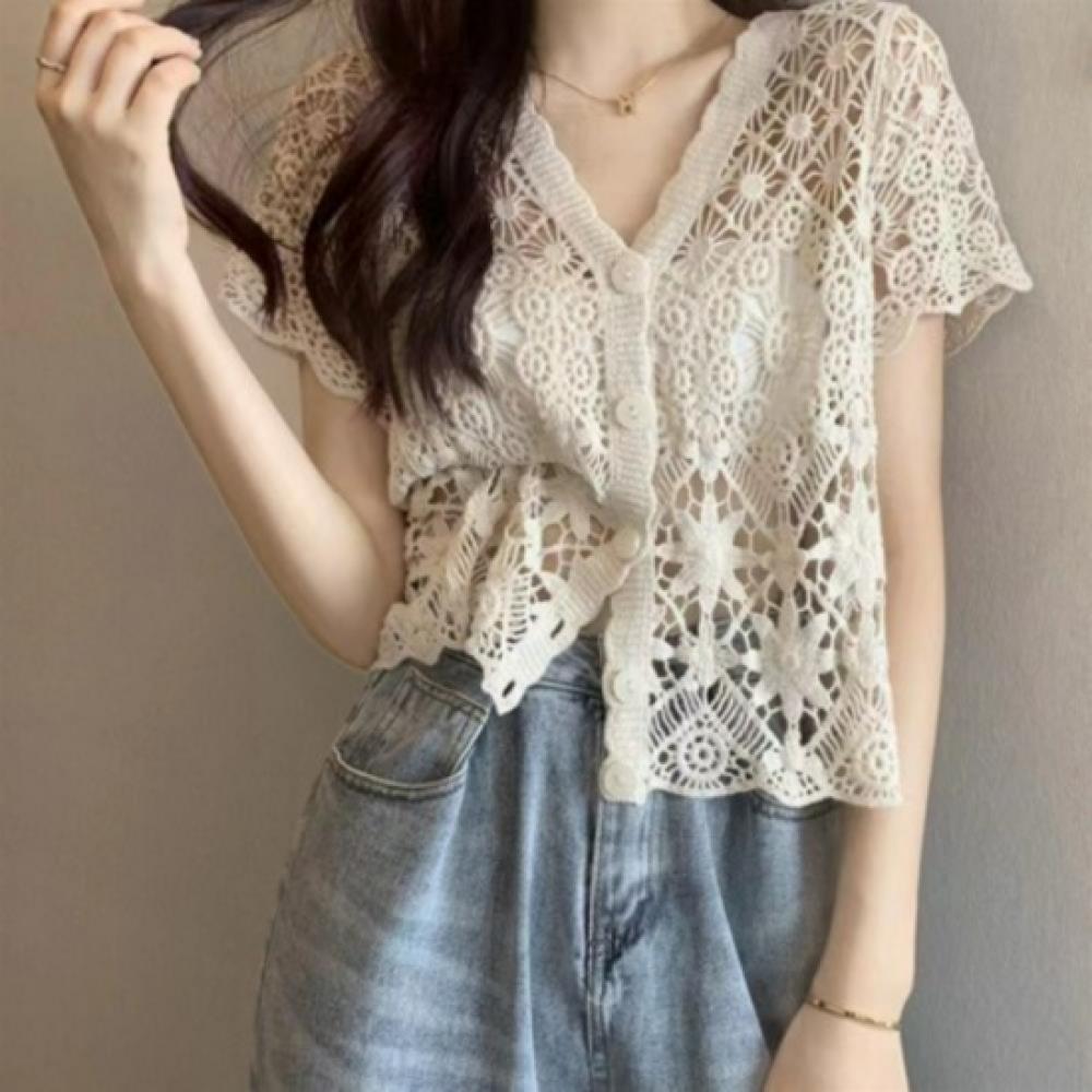 New ArriVals Open Run Women V Neck Crochet Knit Cardigan Ethnic Design