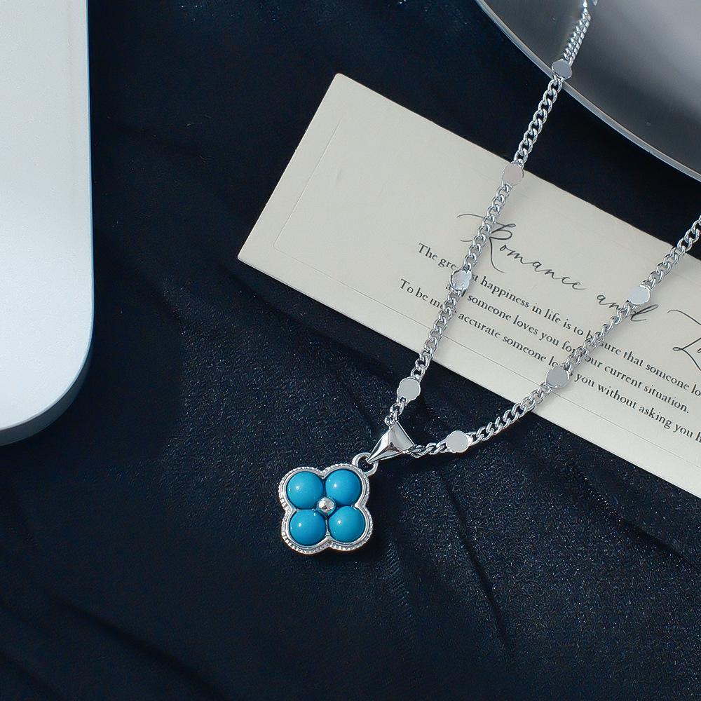 Imitation Turquoise Lucky Four Leaf Clover Copper Clavicle Chain Minimalist