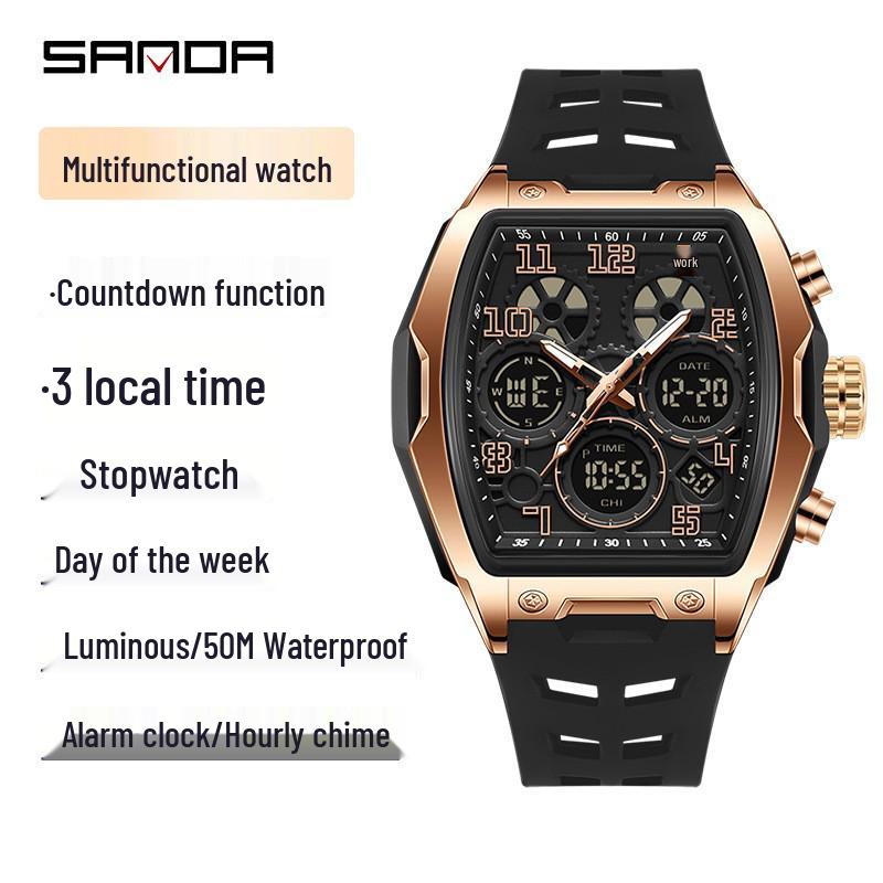 Sanda Dual-Movement Barrel Watch: Luminous Alarm, Large Dial, Multifunctional Student Watch.