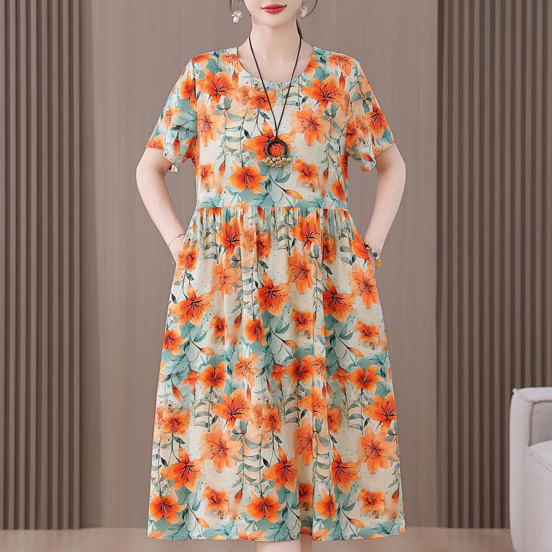 Plus Size Women's Summer Dress Elegant Loose Short Sleeve Long Dress Female Vintage Clothes