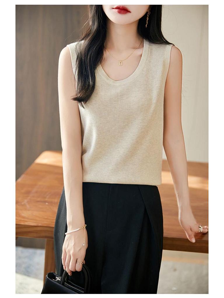 2025 Spring Worsted Wool Round Neck Sleeveless Knitted Vest - Solid Color Pullover Top