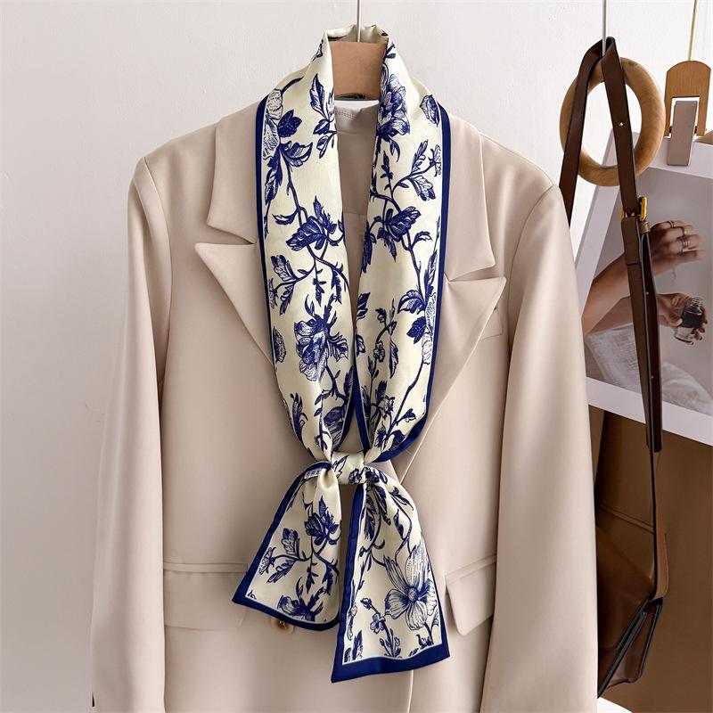New temperament double-layer scarf streamer strap bag decoration suit scarf small long headband silk scarf women's printing narrow