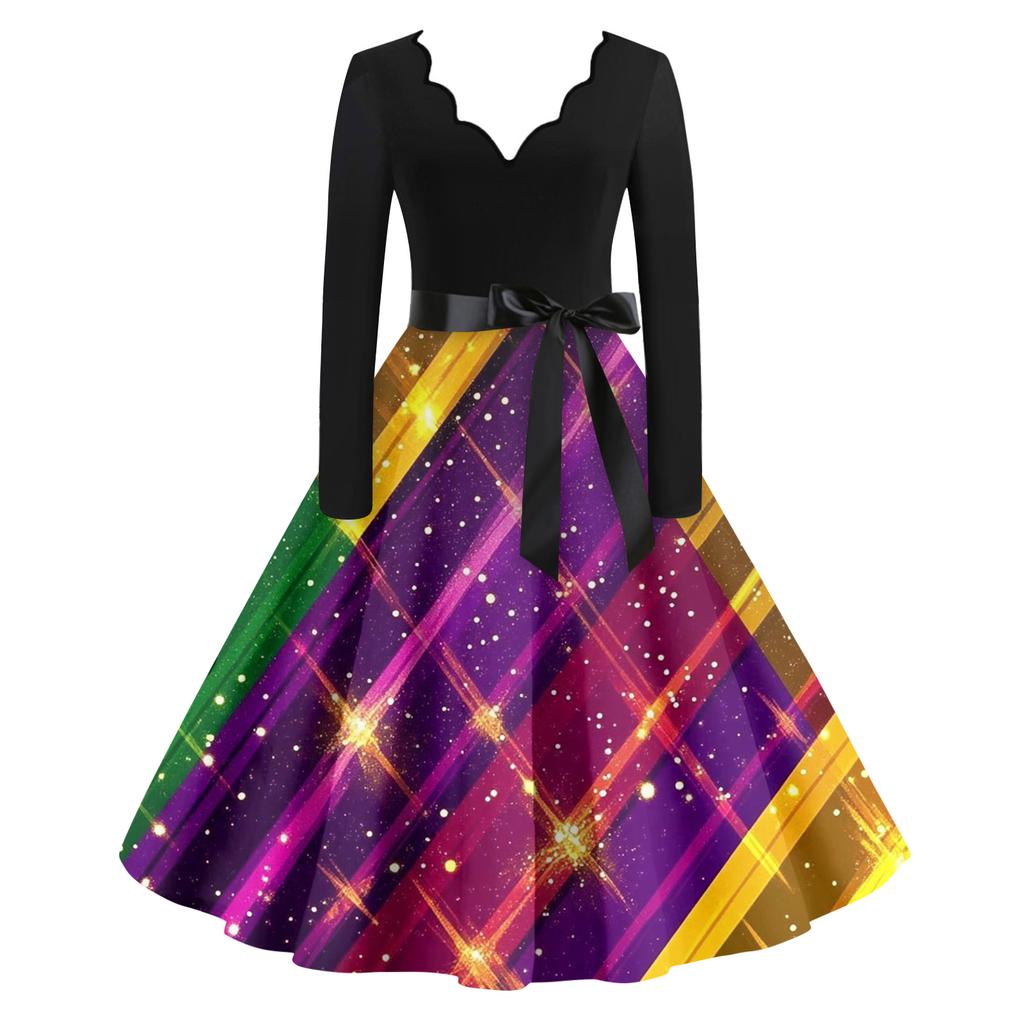 Women's Casual Fashion V Neck Long Sleeve Printed Vintage Long Dress