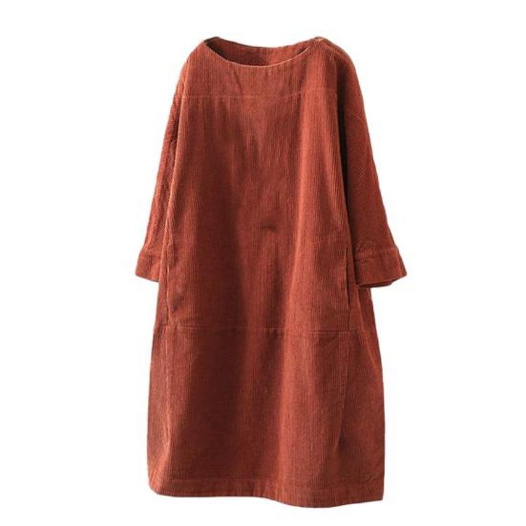 

Plus Size Midi Dress Long Sleeve Corduroy O Neck Solid Color Pockets Loose Women XXL помаранчевий