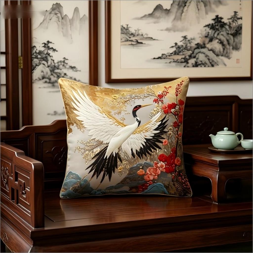 Faux Embroidery Red-Crowned Crane Print Throw Pillow Cover, Oriental Floral Art Decorative Cushion