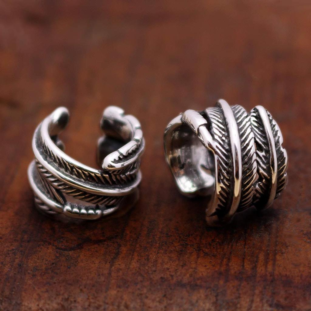 [ZIYMU] Feather Ear Cuff, Indian Jewelry, Stainless Steel, Women's & Men's, 2-piece Set, Silver zm-e-001