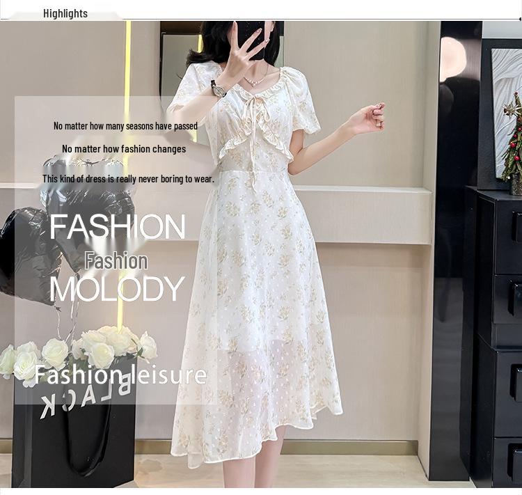 Women's Summer Floral Chiffon Dress with Sweet Ruffle Collar