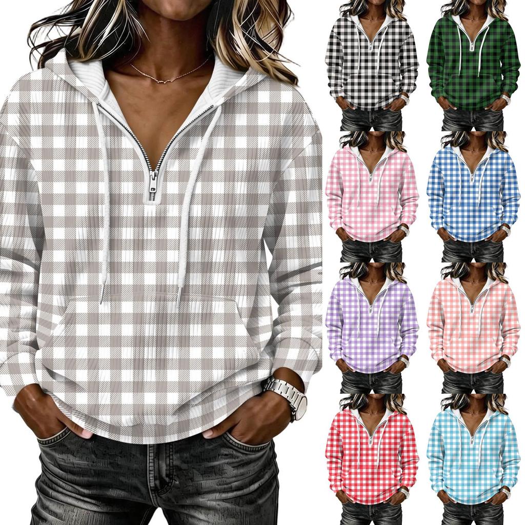 Women's Fashion Long Sleeve Plaid Print Hoodie Pullover with Casual Top