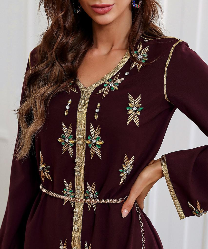 Vestido muçulmano de luxo, cor sólida, indústria pesada, strass, dubai, ramadã, manga comprida, abaya