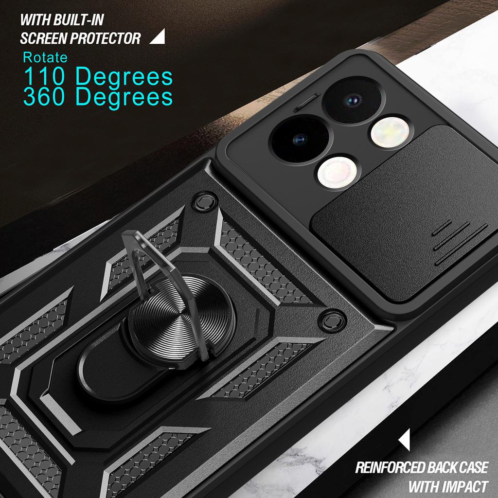 For vivo Y28 4G Case with Slide Camera Lid PC+TPU Kickstand Phone Cover