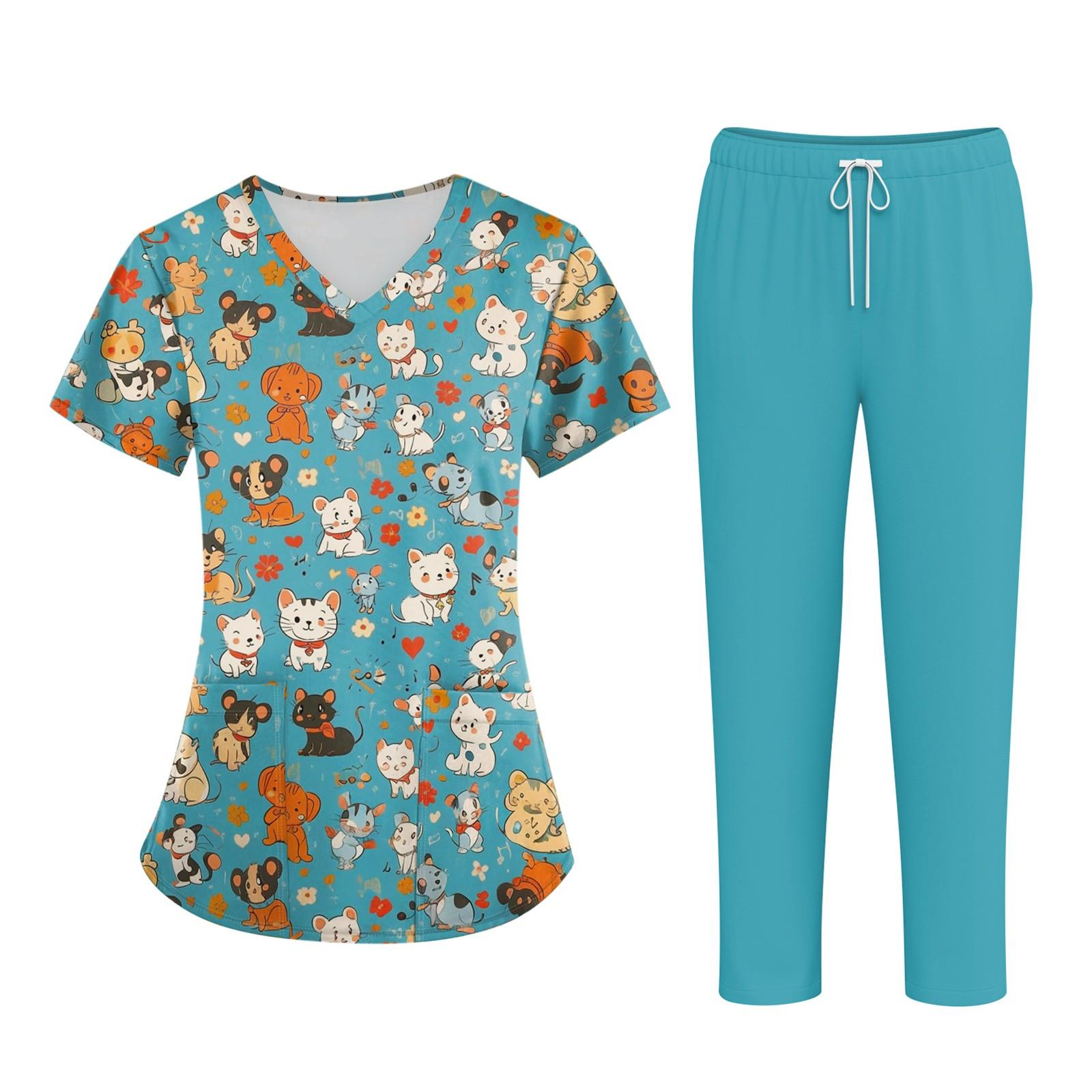 

Плюс размерСкраб с принтом Рабочая форма Топы для женщин Крест V-образным вырезом Хэллоуин Принт с короткими рукавами Забавные футболки Спецодежда Футболка с карманами M