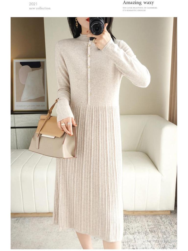 Robe Pull en Laine Coréenne pour Femme Automne/Hiver 2022, Couleur Unie, Col Semi-Montant, Longueur au-Dessus du Genou