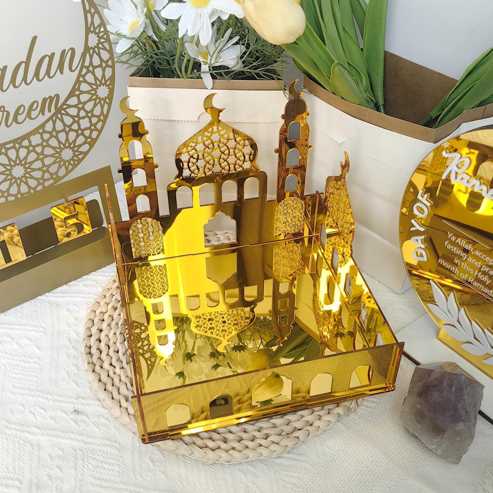 Ramadan Tray Eid Mubarak Serving Tray Hollow Palace Acrylic Mirror Tray Fruit Plate Tableware Dessert Platters DIY Display Holder Ramadan Decor