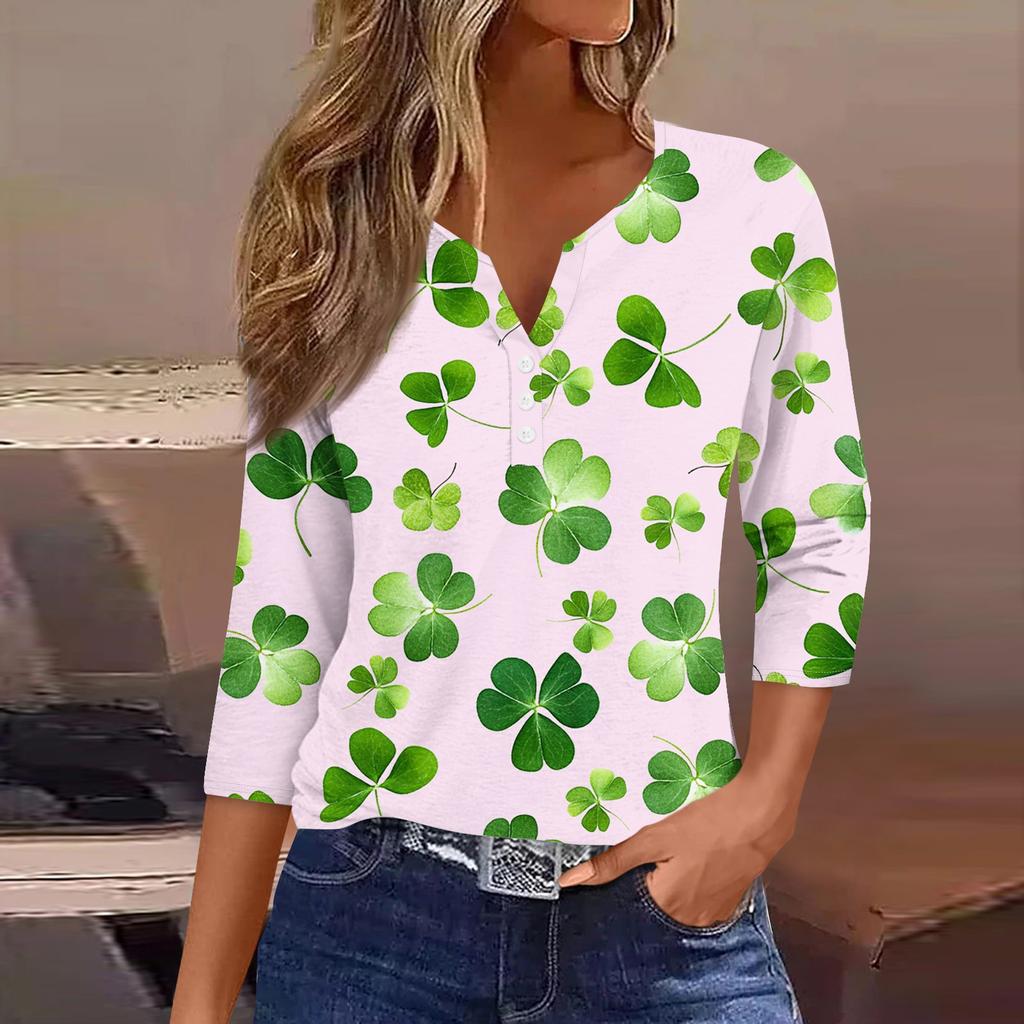3/4-Ärmel-Shirts für Damen Niedliche Druck-Grafik-T-Shirts Blusen Lässige Blusen V-Ausschnitt Tunika-Tops St. Patrick's