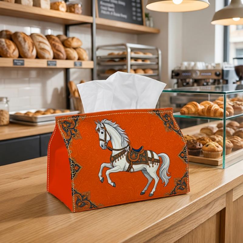 1pc Classical Oriental Tissue Box with White Horse Ornament-Napkin Storage Organizer for Kitchen, Car Decorative Box, Purpose for Living Room, Bedroom
