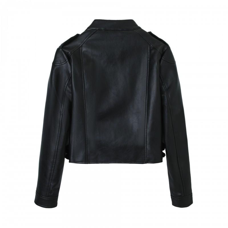 Womens Faux Leather Moto Jacket Round Neck Diagonal Zip Slim Fit Streetwear Outerwear White Black S M L XL