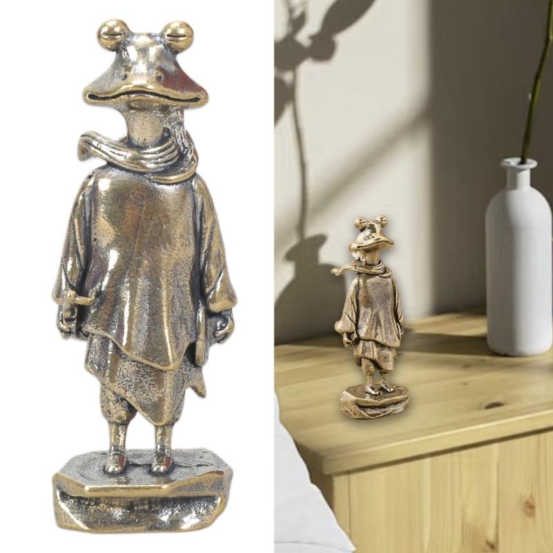 Brass Frogs Swordsman Figurine Antique Frogs Standing Miniature Statue for Living Room Study Artistics Home Accent
