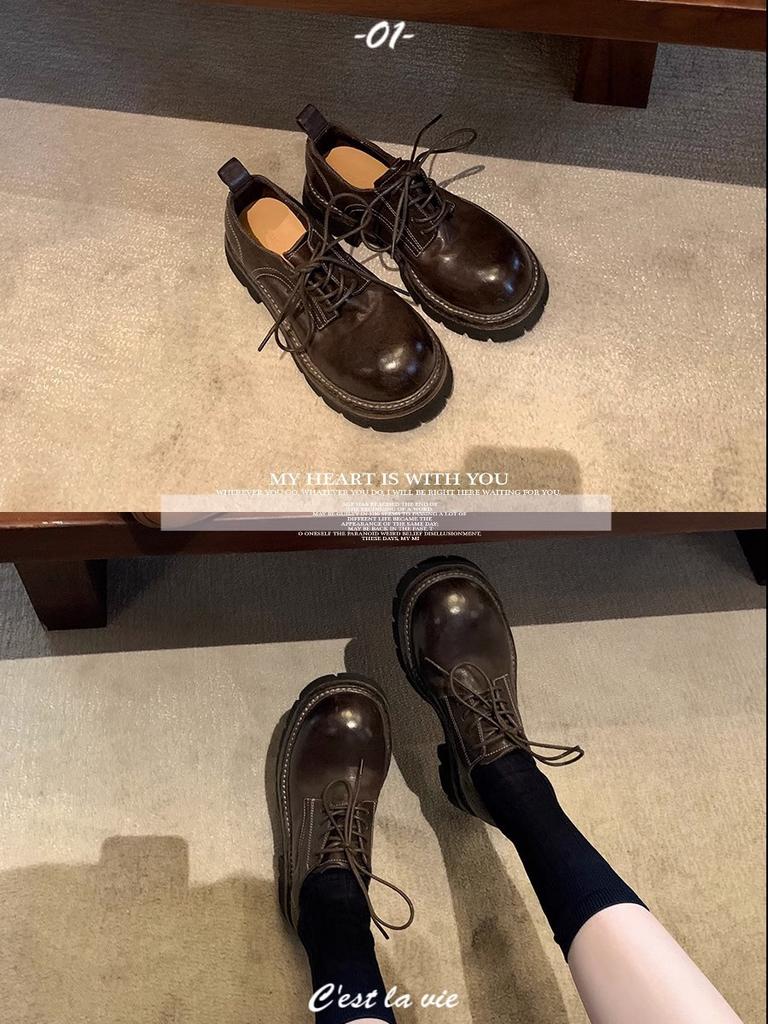 Spot zweites Haar Traubenmutter gleiche Retro gewaschene Schrumpfmuster runde Spitze Schnürer dicker Absatz Slipper Damen Herbst kleine Lederschuhe