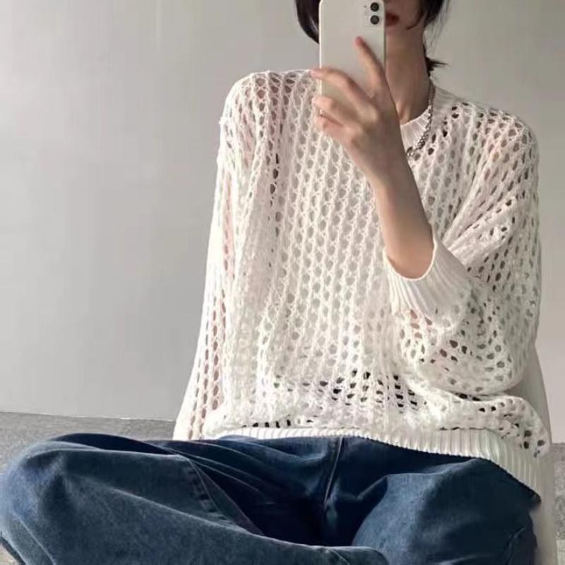 Knitted Hollow Out Sun Protection Clothing for Women In Summer, Thin and Loose Design, Niche and Unique, Hanging Long Sleeved Top, Top