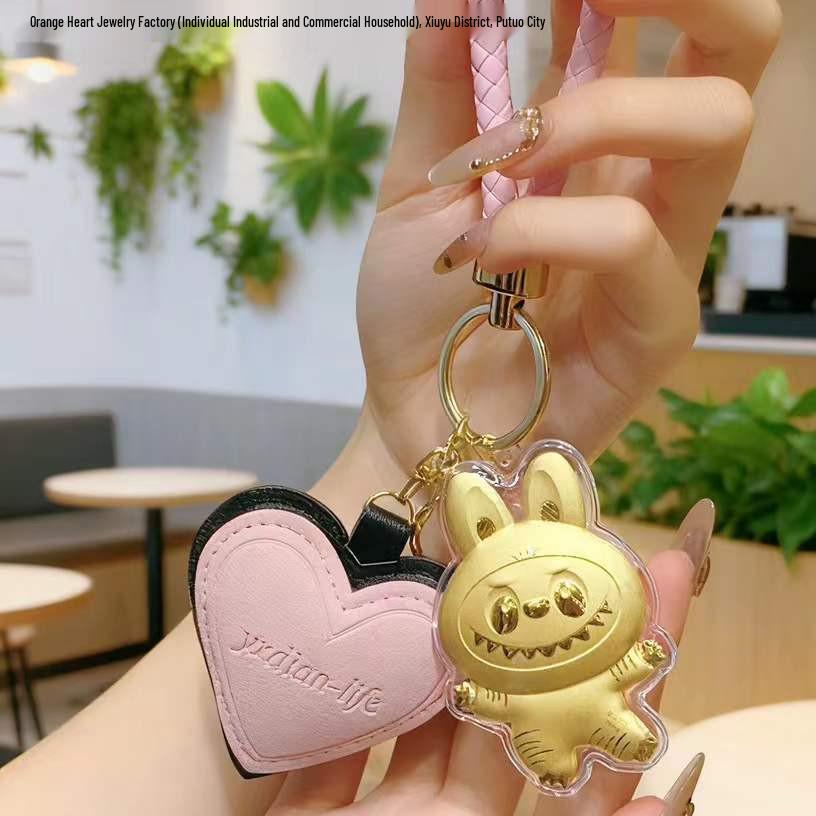 999 Pure Gold Labubu Keychain & Phone Charm with Gold Ornament: Cartoon Bag Charm Gift