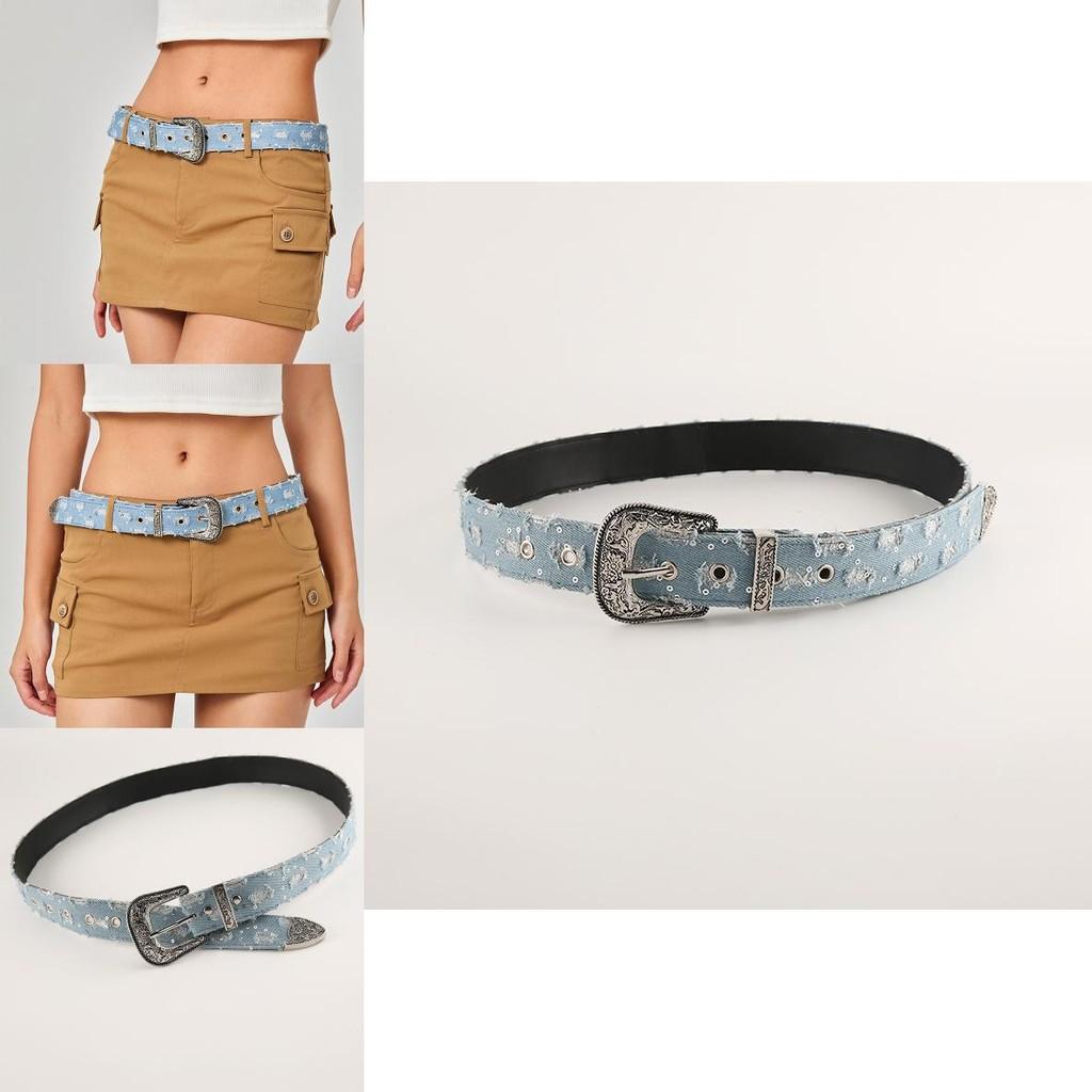 Cloth Retro Denim Carved Buckle Blue Waistband Adjustable Fit Fabric Material