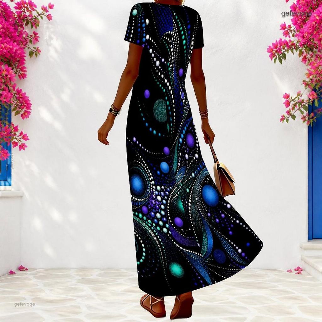 Women Plus Size V Neck Short Sleeve Black Dots Printed Long Dress