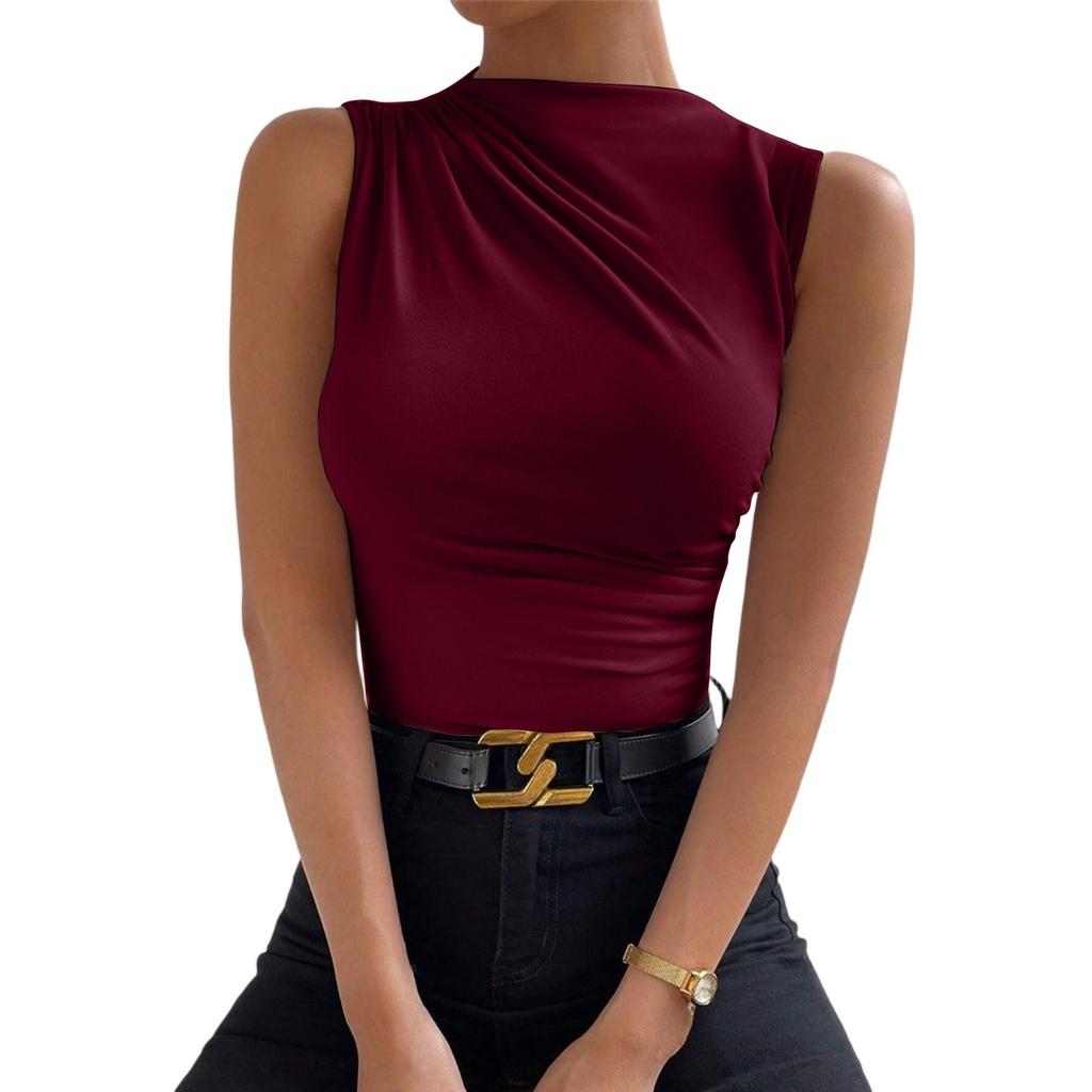 Sleeveless Tops For Women Casual Mock Neck Slim Fitted Ruched Shirts High Neck Summer Shirt Tops