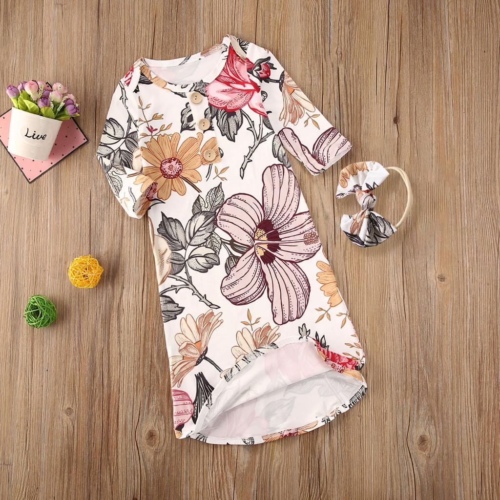 Newborn Floral Gowns Long Sleeve Baby Sleep Bag Newborn Clothes Baby Wearable Blanket with Headband for Girls