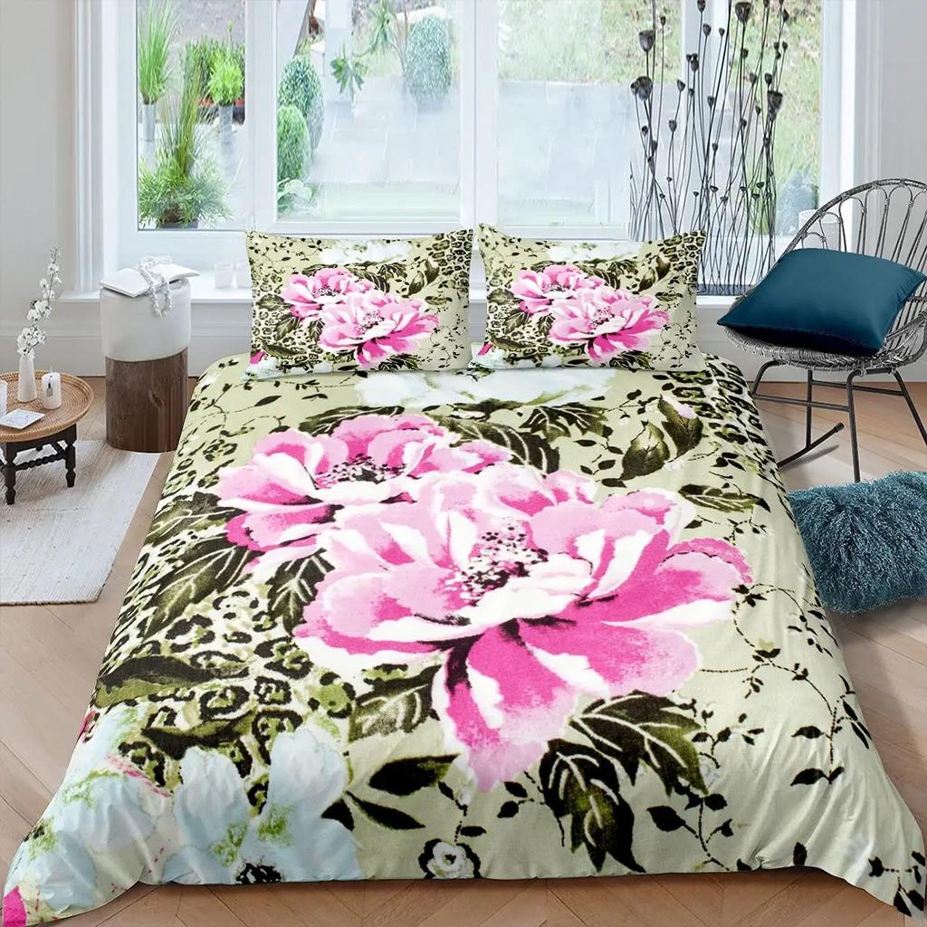 Pink Peony Duvet Cover Set Tulips Flowers Comforter Cover For Girls Women TwinFlorals Blossoms Botanical Plants Bedding Sets