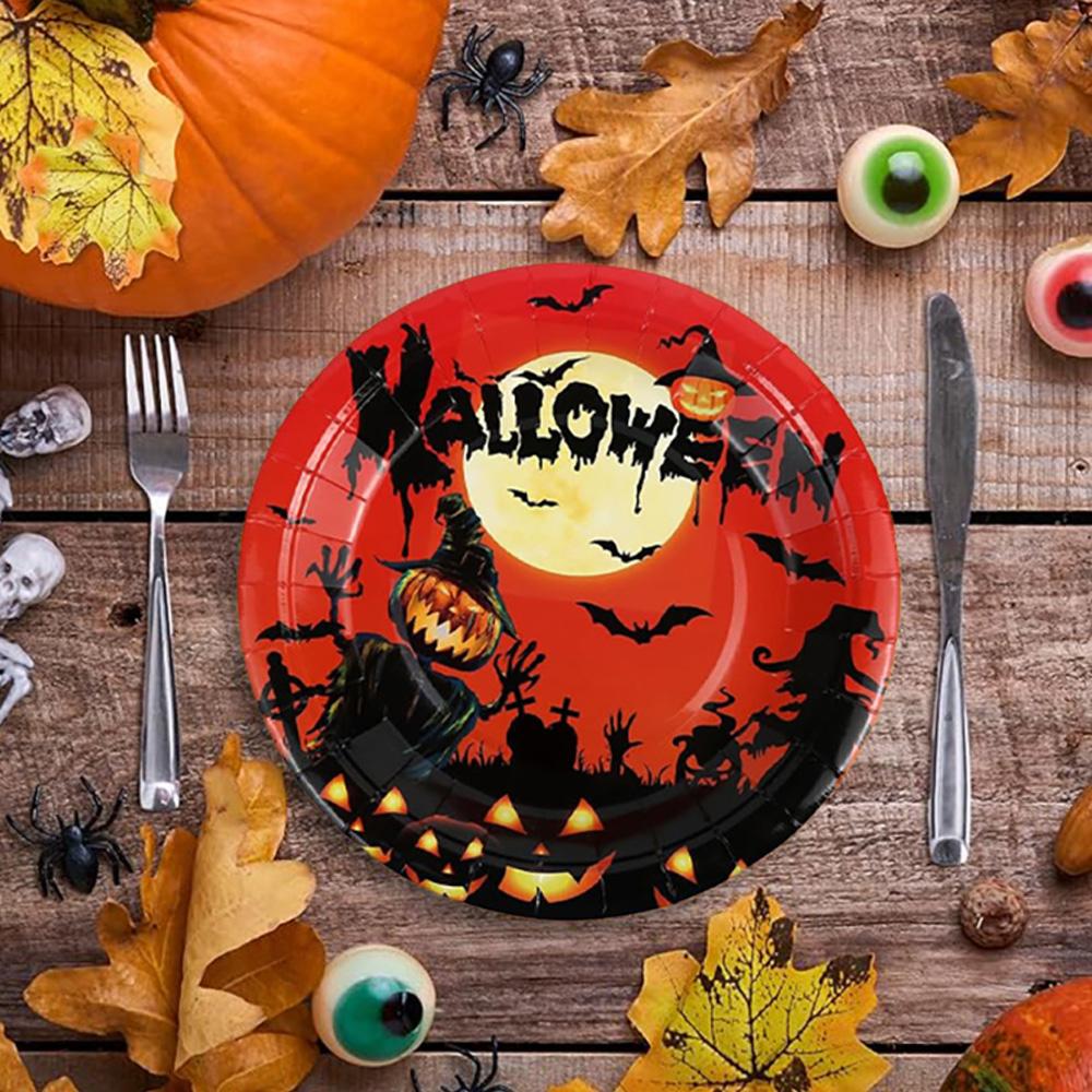 1/2set Disposable Tableware Halloween Theme Party Birthday Decorations Paper Cup Fork Knife 7/9 Inch Paper Tray Spoon Each 10pcs