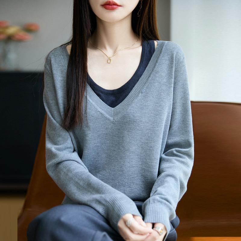 Women S V Neck Long Sleeve Knitted Fake Two Piece Sweater