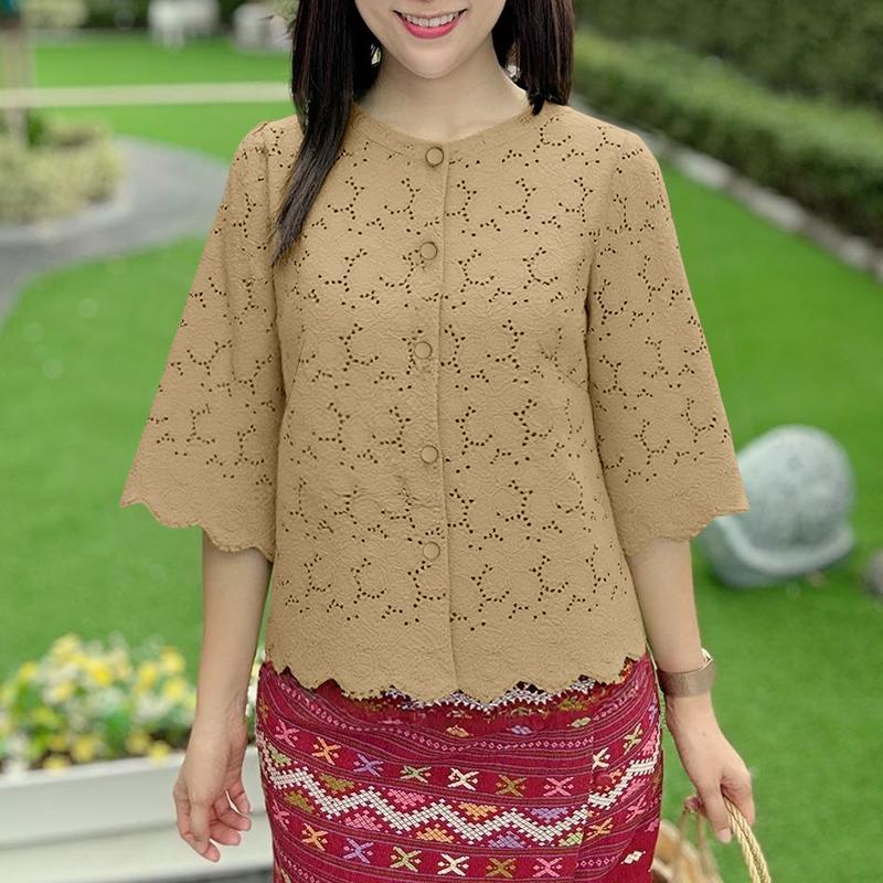 ZANZEA Women Casual Round Neck 3/4 Sleeve Lace Crochet Patchwork Loose Blouse