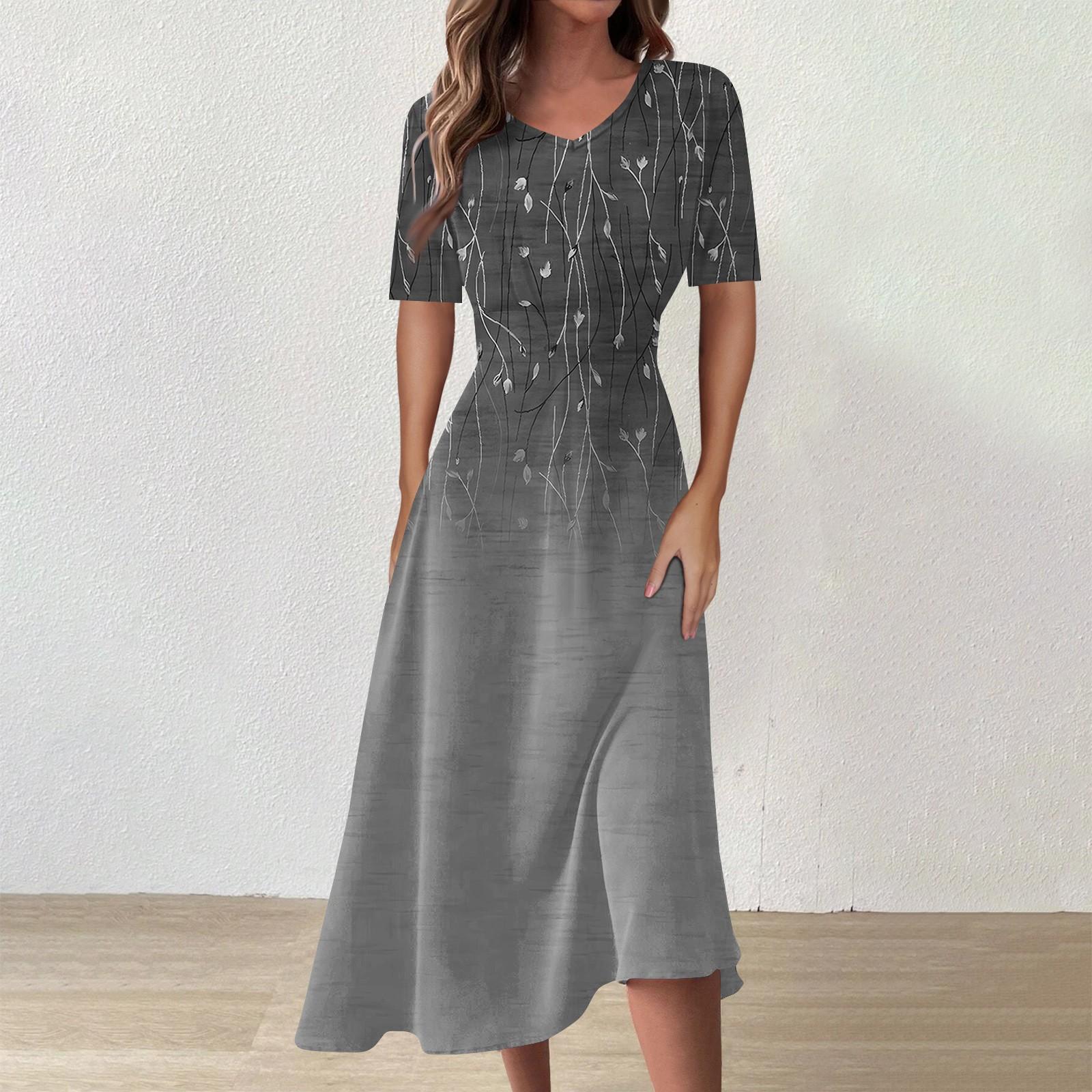 

Женское повседневное модное платье с цветным V-образным вырезом и коротким рукавом на талии, длинное свободное платье S серый