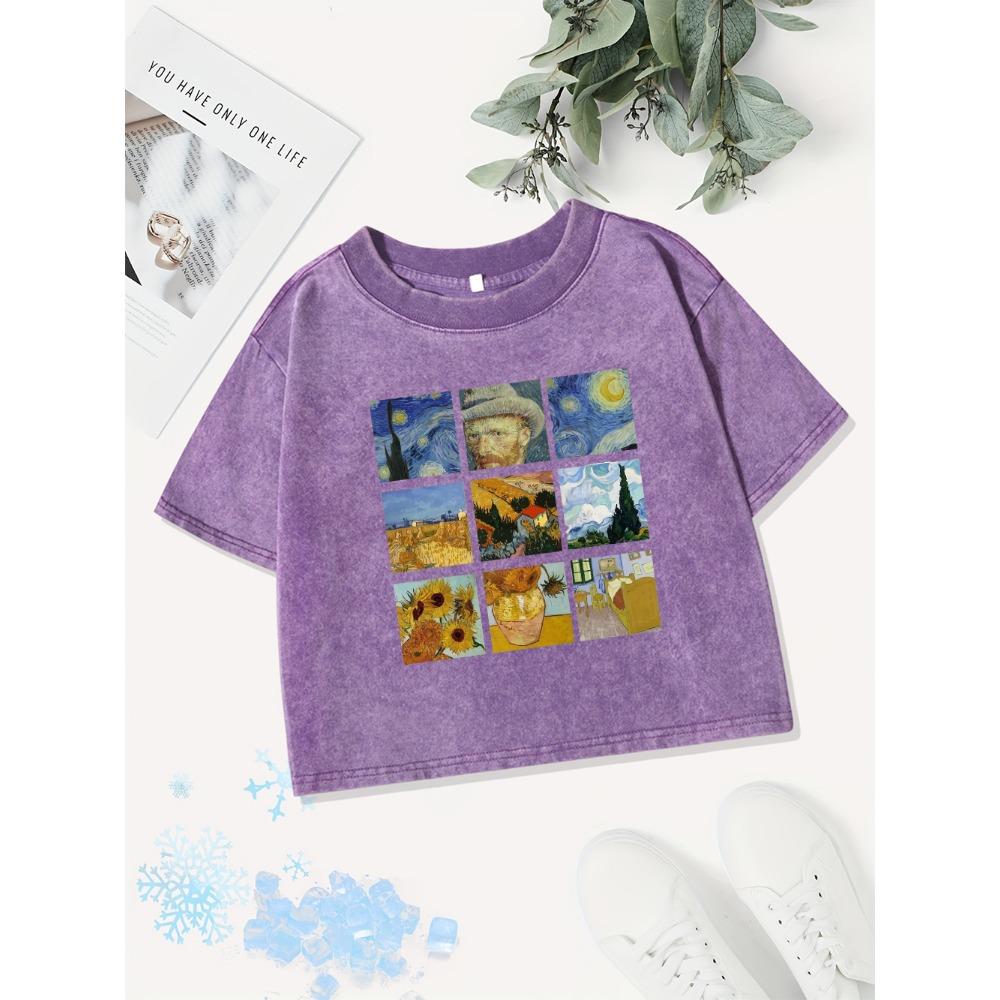 Sexy Cotton Crop Tops Women Van Gogh'S Starry Night Sunflowers Prints Washed T-Shirt Fit Tees Summer Clothes