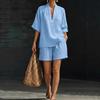 White V-Neck Short Sleeve Top and Shorts Set