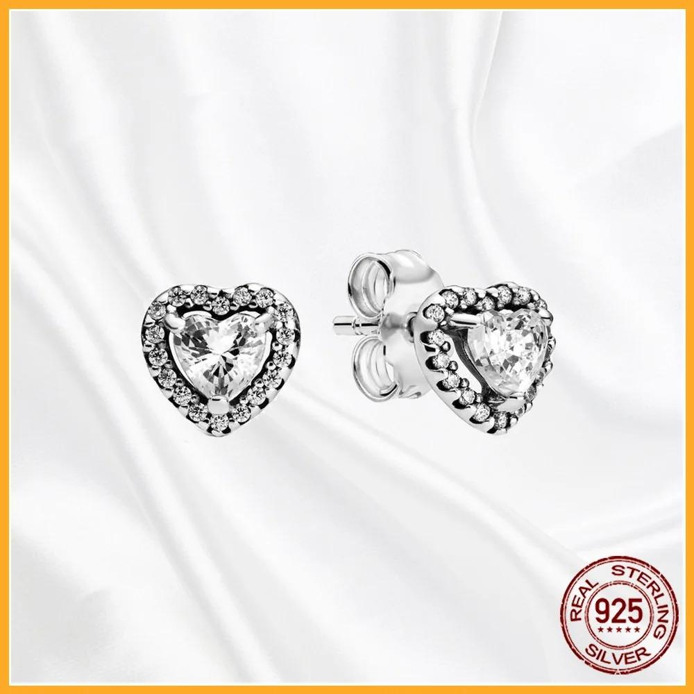 925 Silver Heart Hoop Earrings Sparkling Original Jewelry Gift for Women