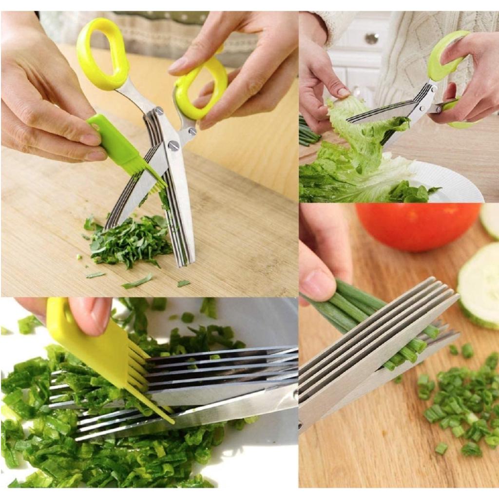 Homlly 5 Stainless Steel Blades Herb Scissors (Green) (X2PCS)
