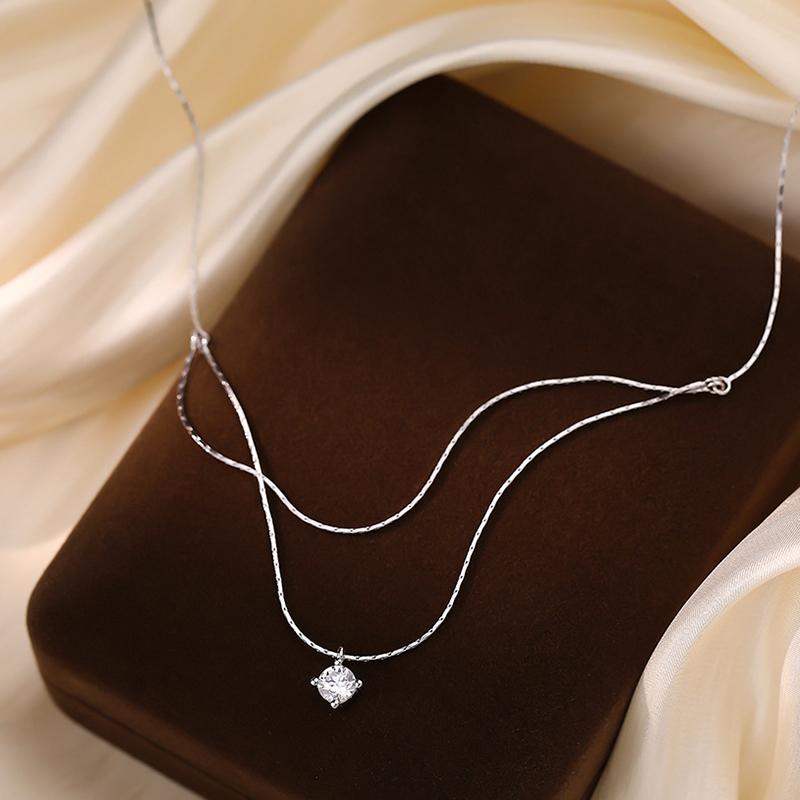 Double Layered Round Zircon Pendant Necklace For Women Simple Clavicle Chain Temperament Jewelry Gift Wholesale