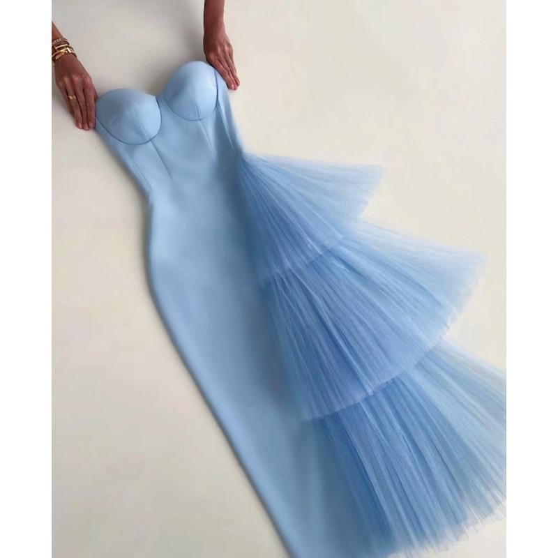 Summer new bandeau tight buttocks celebrity temperament long skirt bandage laminated mesh design dress