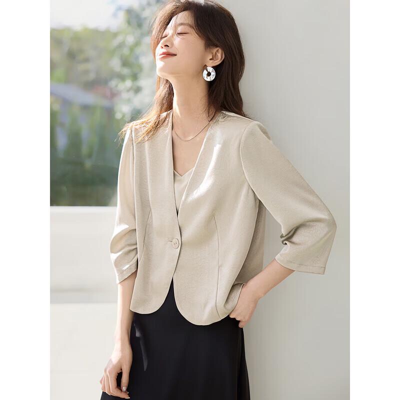 

Women s Elegant Collarless Crepe Satin 3/4 Sleeve Blazer M