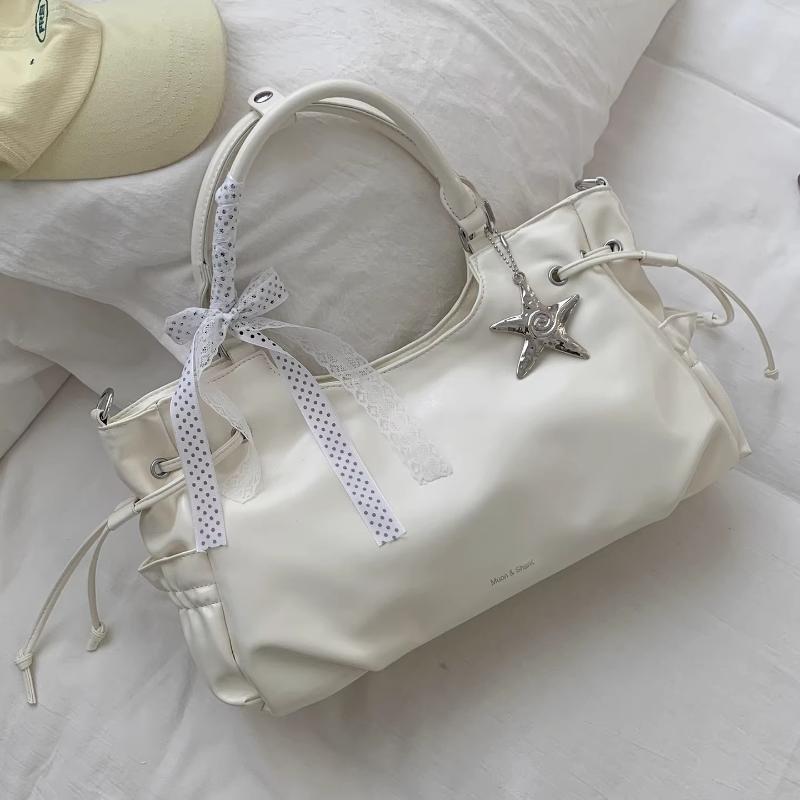 Brand Bow Lace Tote Bag Women Large Capacity Star Charm Handbag Soft Leather Drawstring Shoulder Bag Korean Commut Bucket Bag