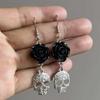 Jun'an Vampire Gothic Black Rose & Silver Skull Earrings for Day of the Dead & Halloween Parties