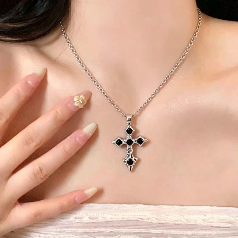Gothic Cross Pendant Necklace with Unique Design, Y2K Subculture Style Clavicle Chain