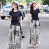 Fashion casual suit pants women's summer new short-sleeved irregular T-shirt printed wide-leg pants two-piece set