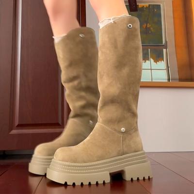 Women's High Boots Flats Platform Suede Knee High Shoes Fashion Walking Motorcycle Boots New Trend Winter Dress Mujer Botas