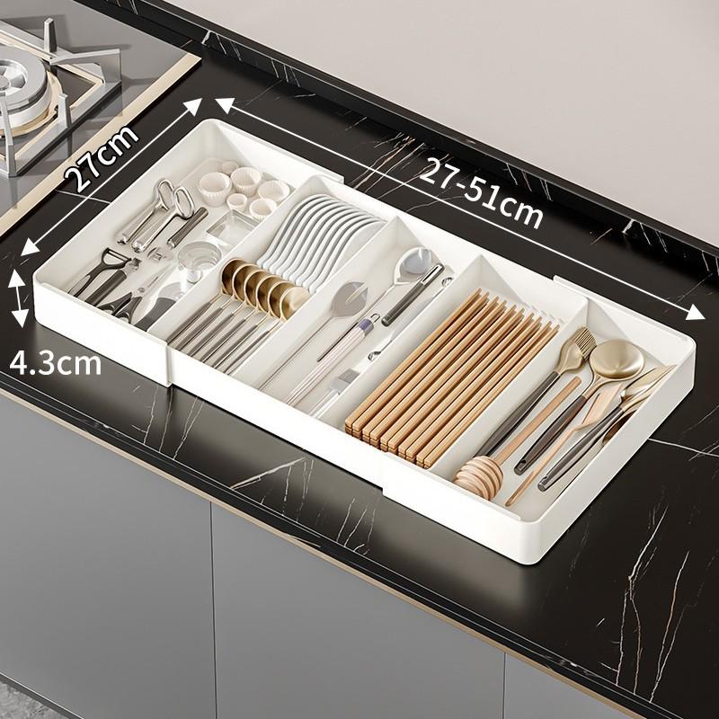 Kitchen Drawer Organizer Box: Built-in Dividers for Cutlery, Chopsticks, Spoons, Cling Film & Retractable Features