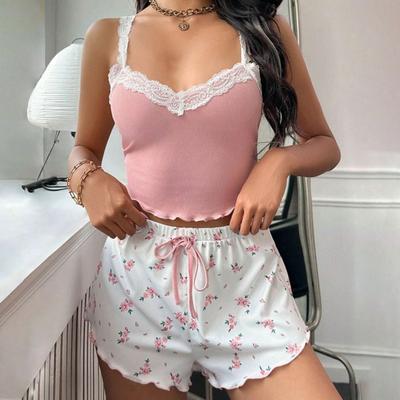 Conjunto de Pijama Feminino 2 peças Rosa Patchwork de Renda Decote V Roupa de Dormir Sexy Camisola Conjunto Regata Estampada Shorts Pijama Macio Roupa de Descanso
